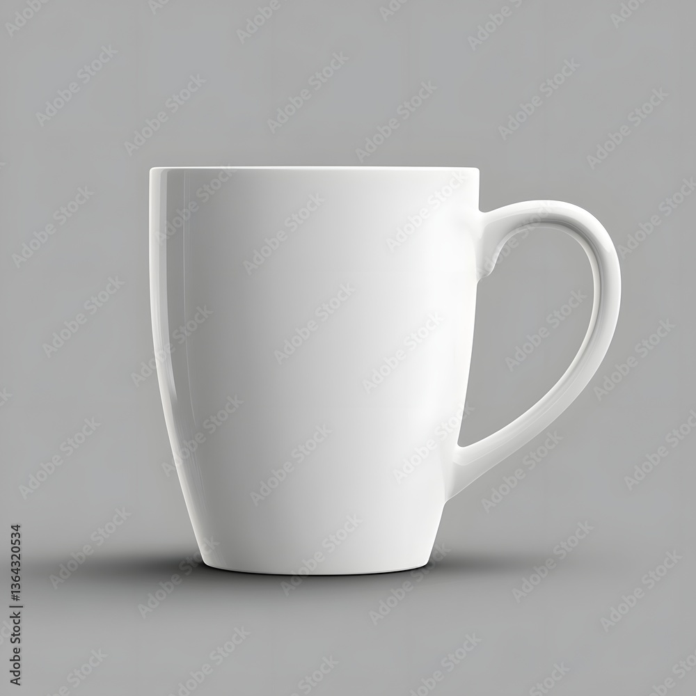 A plain white ceramic mug stands isolated against a gray backdrop A plain white ceramic mug stands isolated against a gray backdrop