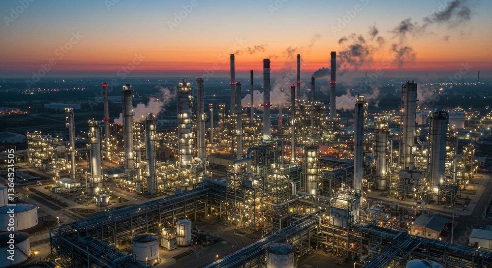 Fototapeta premium Industrial Complex at Sunset with Reflections and Smoke 