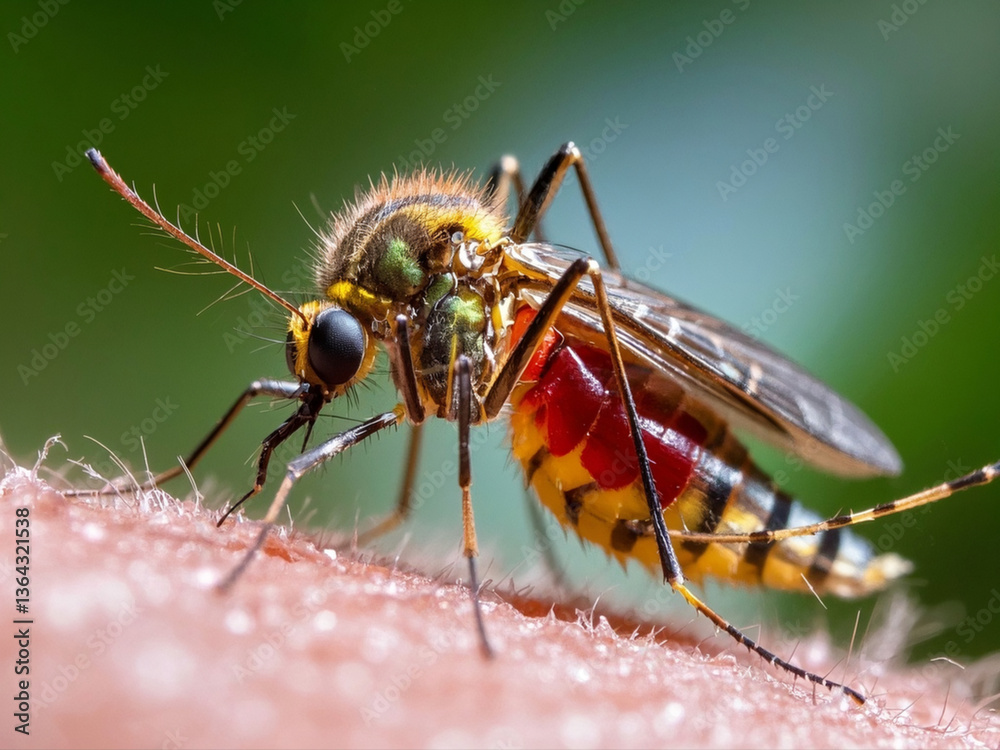 Malaria Infected Mosquito Bite. Leishmaniasis, Encephalitis, Yellow Fever, Dengue, Malaria Disease, Mayaro or Zika Virus Infectious Culex Mosquitoe Parasite Insect Macro.