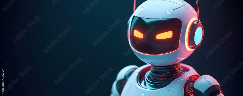 Futuristic Robot Character with Neon Glow in Dark Background Futuristic Robot Character with Neon Glow in Dark Background
