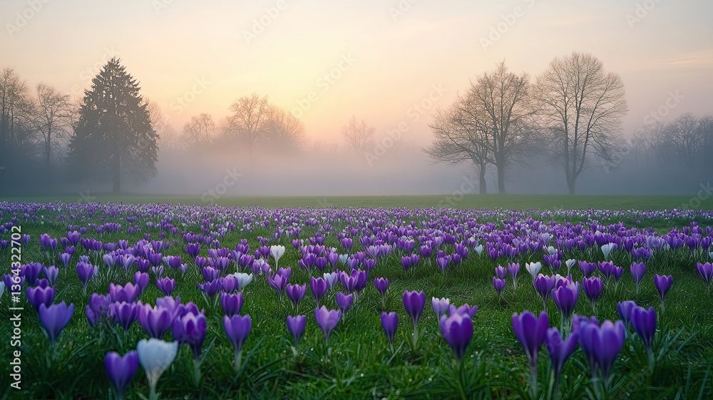 Crocus Flowers Blooming in Misty Forest Morning, Enchanting field of blooming crocus flowers in a forest at dawn, with golden sunlight filtering through fog and trees.
Crocus Flowers Blooming in Misty Forest Morning, Enchanting field of blooming crocus flowers in a forest at dawn, with golden sunlight filtering through fog and trees.