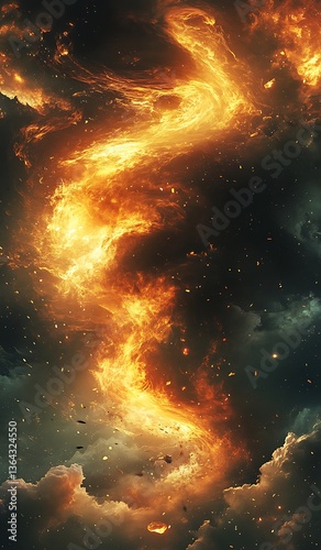 우주 속 불타는 소용돌이 형태의 에너제틱한 장면, AI 생성