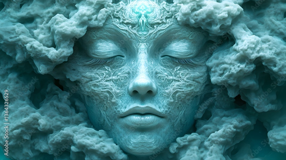 Dreamlike representation of a woman's face surrounded by ethereal clouds evoking a sense of cosmic connection Dreamlike representation of a woman's face surrounded by ethereal clouds evoking a sense of cosmic connection