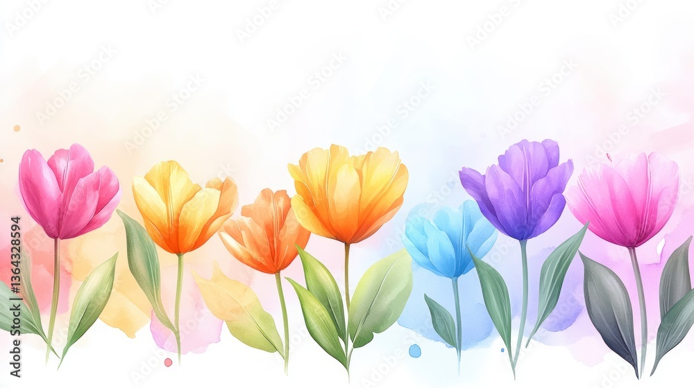 Fototapeta premium Vibrant Watercolor Rainbow Tulips Spring Floral Design Blossom Illustration