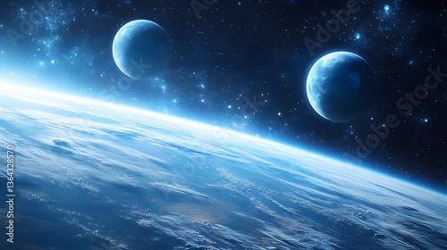 Fascinating planet with two moons floating in the celestial sky of a dreamlike cosmic universe