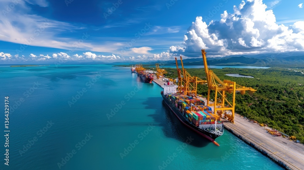 Obraz premium Aerial view of a bustling cargo port with rows of large shipping containers and towering cranes loading and unloading vessels on a bright sunny day