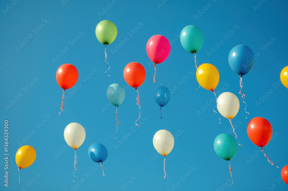 Colorful Balloons Flying in the Sky with Red, Yellow, and Blue Background Colorful Balloons Flying in the Sky with Red, Yellow, and Blue Background