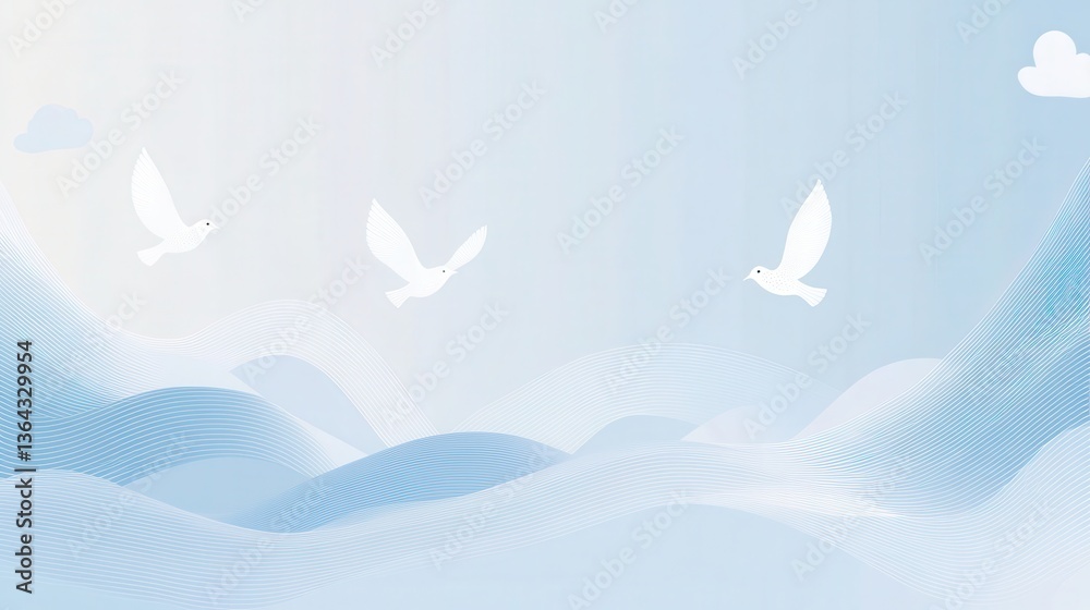 Peaceful Doves Flying over Misty Mountains. Peaceful Doves Flying over Misty Mountains.