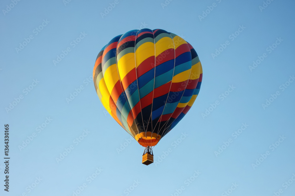 Naklejka premium Colorful hot air balloons flying high in the sky with a red and yellow balloon floating above a landscape, representing adventure and fun in the air