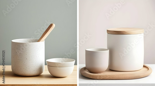 Handcrafted Pottery Set On Wooden Table With Light And Shadow Accents And Soft Background