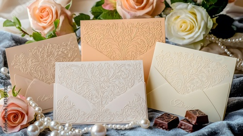 Elegant Embossed Wedding Invitations with Roses and Pearls