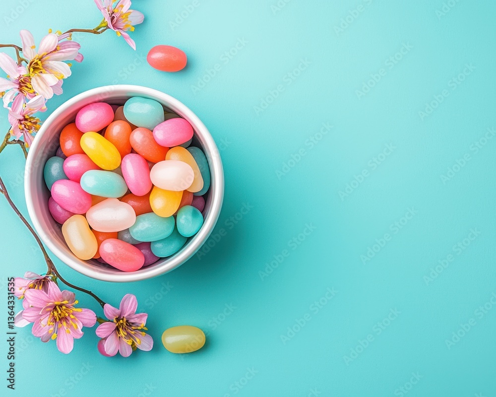 Obraz premium Colorful Candy in a Bowl Surrounded by Blossoms on a Blue Background