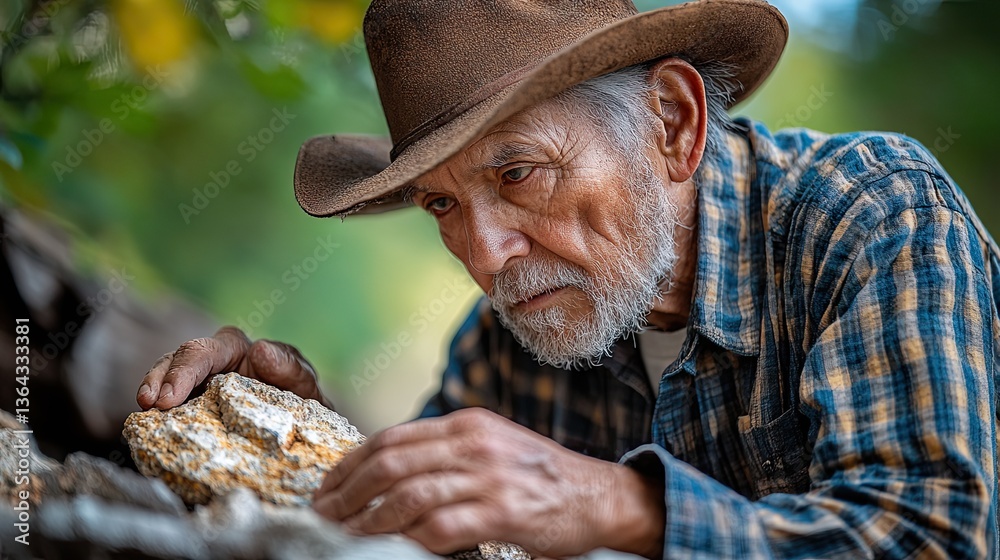 Fototapeta premium Elderly man observing rocks while wearing a cowboy hat