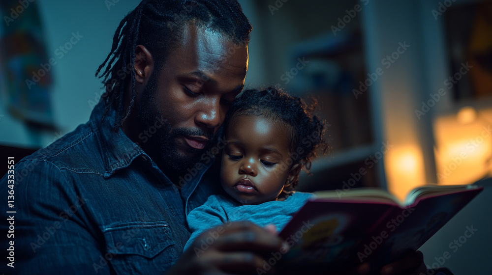 A dad reads a story to his young child who is sitting on his lap in a warmly lit room at night. A dad reads a story to his young child who is sitting on his lap in a warmly lit room at night.