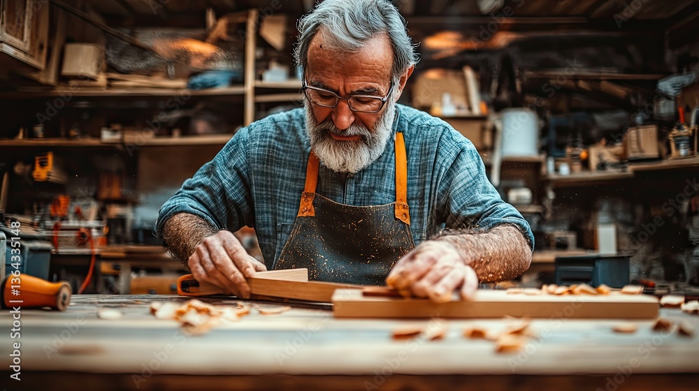 An older man is working on wood in a workshop An older man is working on wood in a workshop