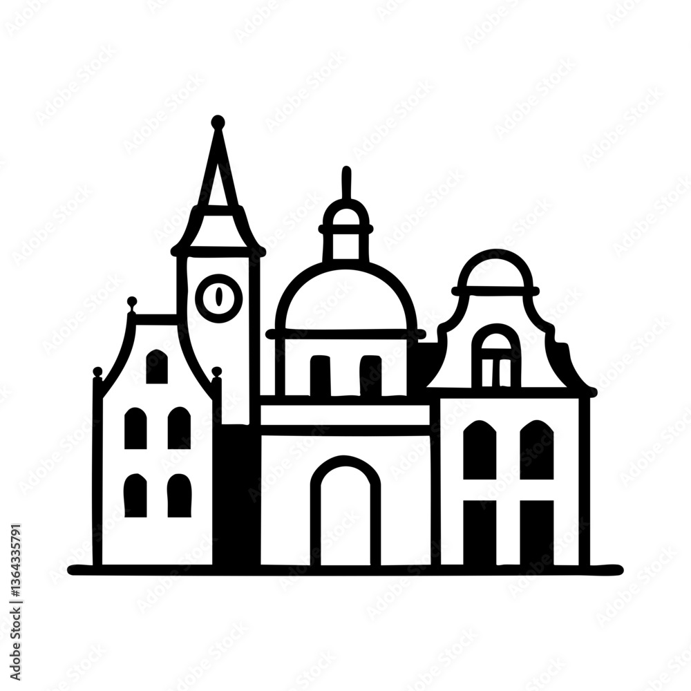Historic European Architecture Icon with Clock Tower Historic European Architecture Icon with Clock Tower