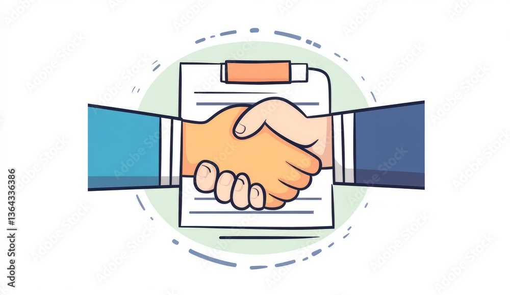Handshake and contract illustration vector icon, two hands shaking on a document, isolated cartoon business concept for web design or print material. Handshake and contract illustration vector icon, two hands shaking on a document, isolated cartoon business concept for web design or print material.