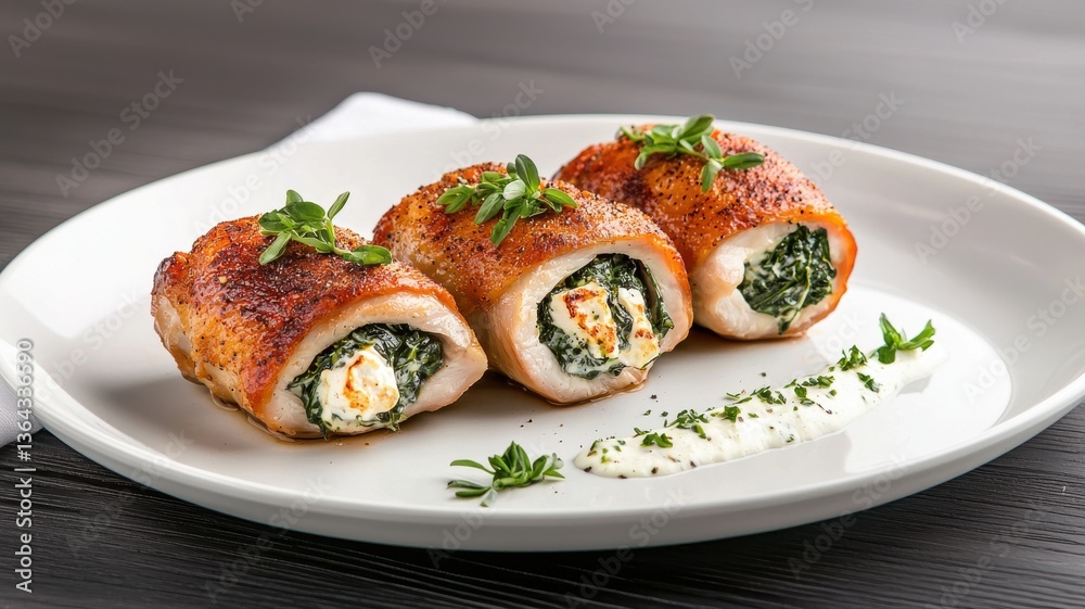 Delicious stuffed chicken rolls with spinach and cheese served on a white plate, garnished with herbs. Delicious stuffed chicken rolls with spinach and cheese served on a white plate, garnished with herbs.