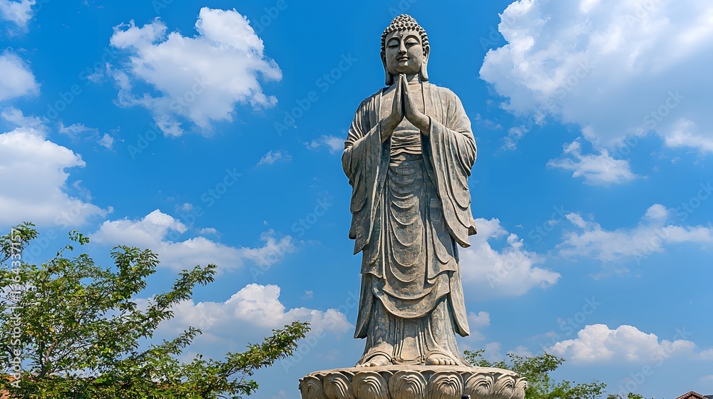 Fototapeta premium Majestic Buddha Statue with Open Sky and Fluffy Clouds in Background