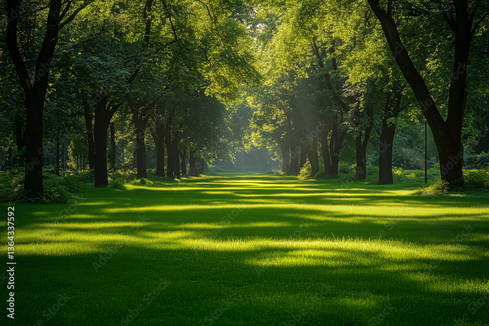 Naklejka premium Sunlit Path Through Lush Green Forest with Trees