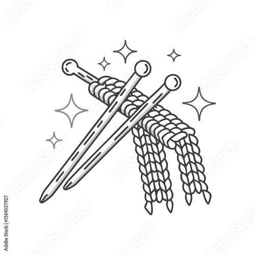 Knitting needles vector with yarn and sparkles, illustrated in a cozy outlined style perfect for handmade, craft, or DIY-themed designs.