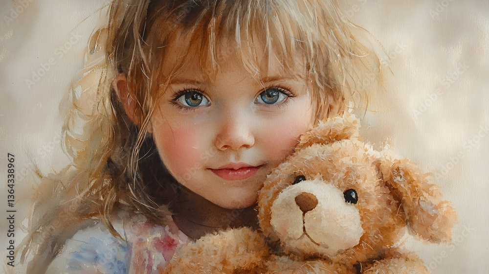 Girl hugging teddy, soft light, gentle portrait Girl hugging teddy, soft light, gentle portrait