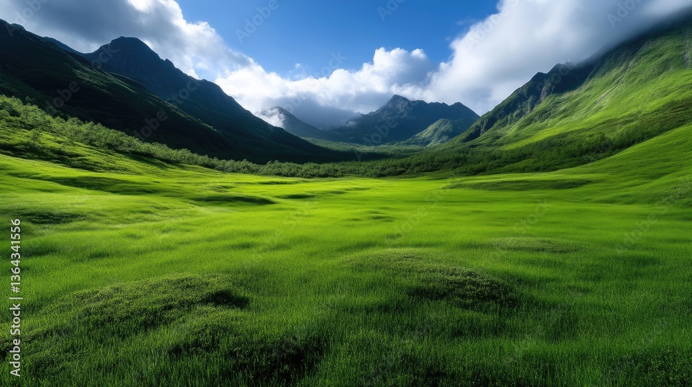 Lush valley nestled amidst towering mountains. Vast expanse of vibrant green grass and meadows Lush valley nestled amidst towering mountains. Vast expanse of vibrant green grass and meadows