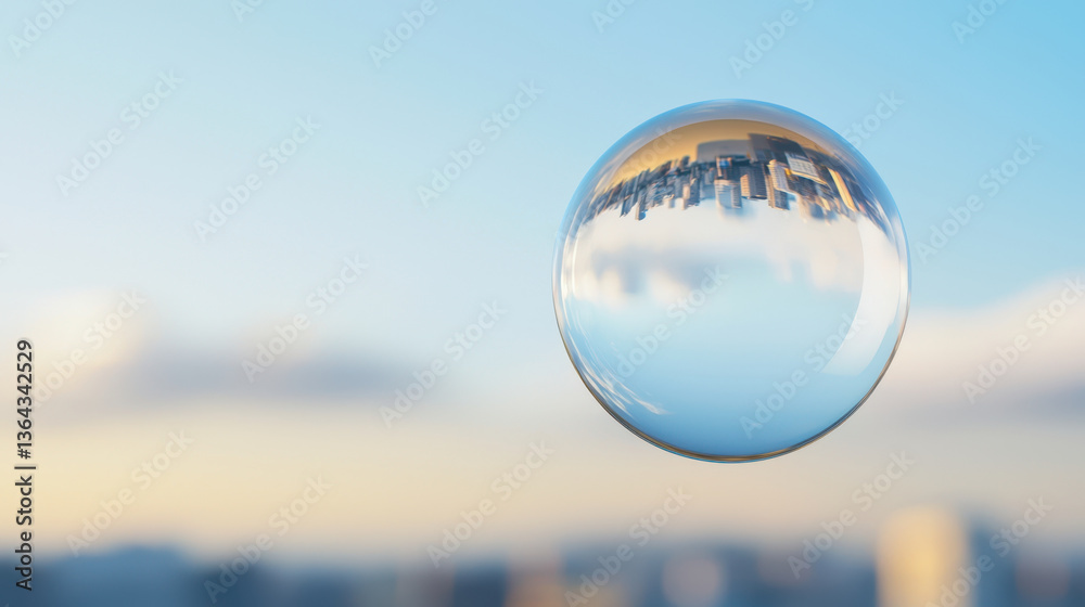 crystal clear bubble reflects city skyline against soft blue sky, creating surreal and captivating visual crystal clear bubble reflects city skyline against soft blue sky, creating surreal and captivating visual