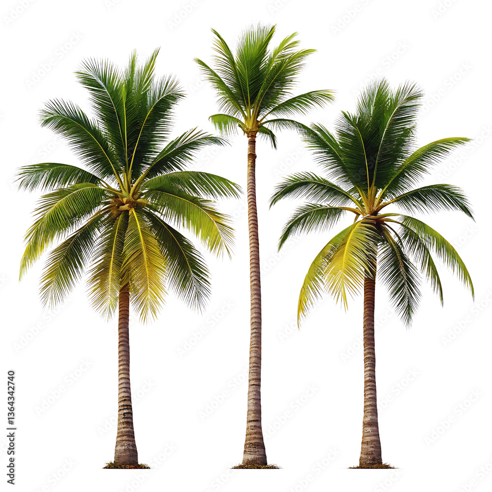 Obraz premium Three Tall Palm Trees with Green Leaves, Isolated on Black Background, Tropical Flora