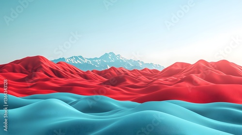 Abstract Landscape with Red and Blue Waves Under Clear Sky