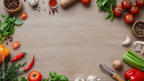 Fototapeta Naklejka Na Ścianę i Meble -  Fresh vegetables and spices frame a wooden background perfect for recipes or cooking content.