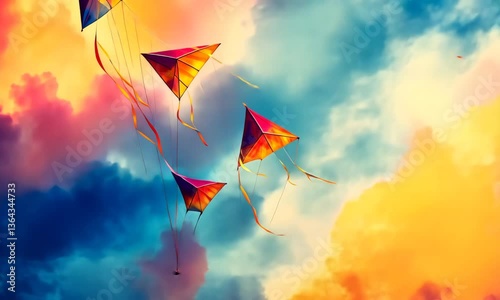 Colorful kites soaring high in a vibrant sky during sunset, creating a joyful and serene atmosphere
