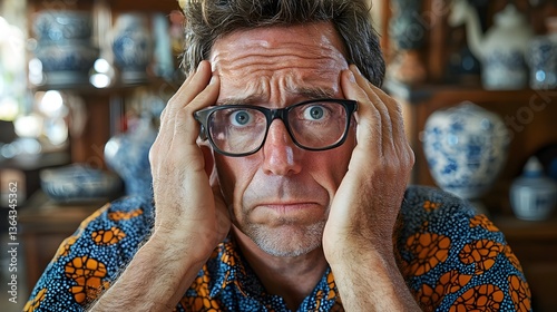 Man with Concerned Expression in Colorful Shirt with Background Objects