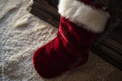 A vibrant red Christmas stocking adorned with fluffy white trim. It sits cozy by the fireplace, evoking holiday cheer and warmth. Perfect for festive decor. Generative AI