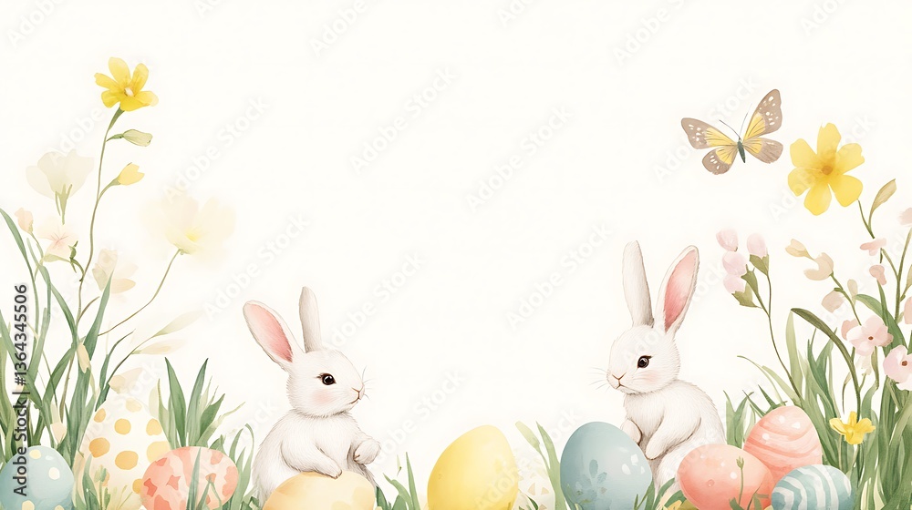 Obraz premium Easter bunnies with eggs, and flowers. (1)