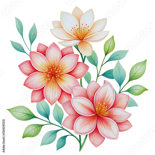 Watercolor Blossom Trio Pink, White Flowers with Green Leaves on Black Background