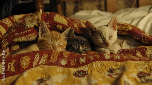 Three Cute Kittens Sleeping Comfortably Under Colorful Blanket