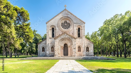 Historic Stone Church Surrounded by Lush Green Trees and Pathway