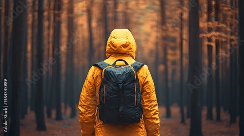 Person in Yellow Jacket Standing in Forest Surrounded by Trees