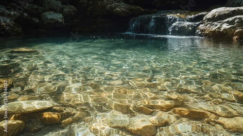 A crystal-clear water surface with delicate ripples, occasional splashes, and scattered air bubbles