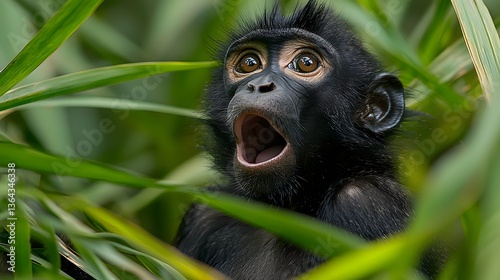 Young Monkey with Open Mouth Surrounded by Lush Green Foliage
