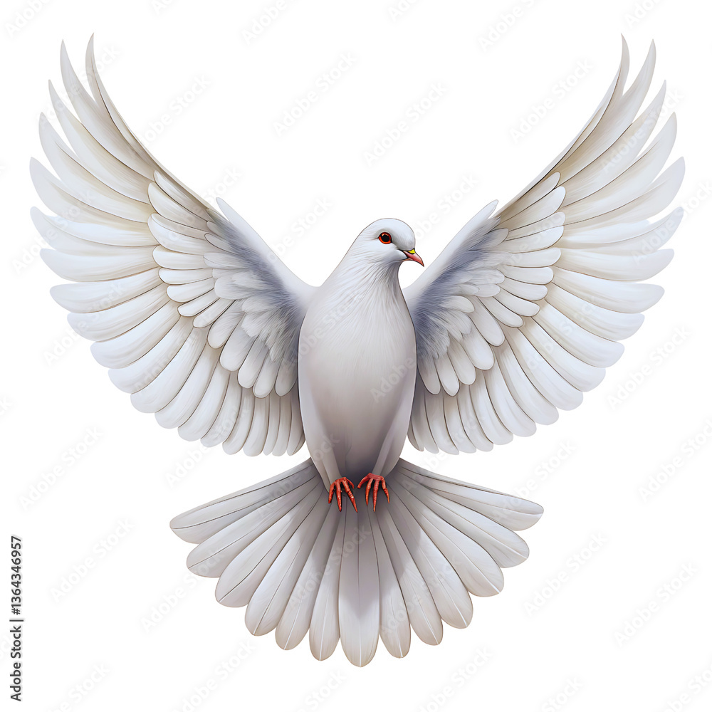Fototapeta premium White Dove with Open Wings on Black Background, Detailed Feather Texture, Graceful Bird