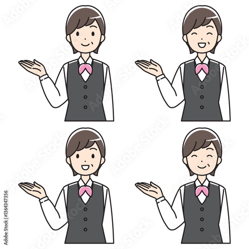 右手で案内する制服の中年女性カラーイラスト