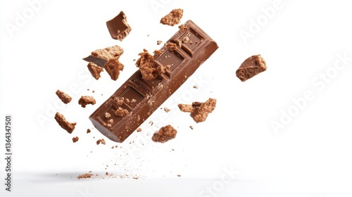 A chocolate bar breaks apart with fragments suspended in midair