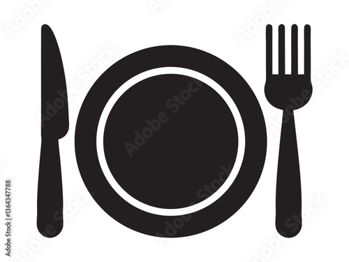 Dish, fork, knife and plate icon set, cutlery vector icon collection on white background