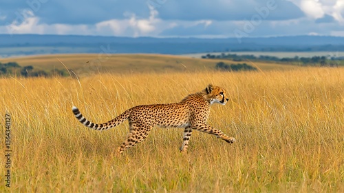 Cheetah Running Gracefully in Golden Savanna Landscape Under Blue Sky