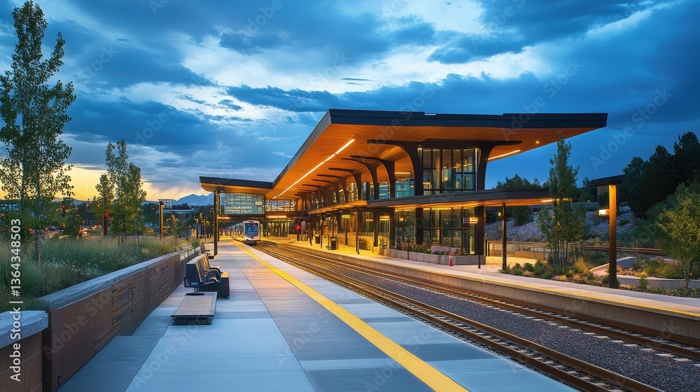 Modern light rail station platform at dusk, train approaching. Good for travel, transport, city planning, or infrastructure concepts. Modern light rail station platform at dusk, train approaching. Good for travel, transport, city planning, or infrastructure concepts.