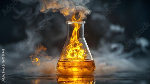 Fiery Chemical Reaction in Laboratory Flask with Dramatic Smoke Effects