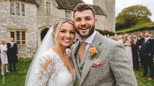Happy newlywed couple smiling at camera, guests blurred in background.