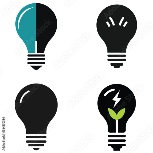 Bright electric lightbulb icons depict idea and energy vector concepts